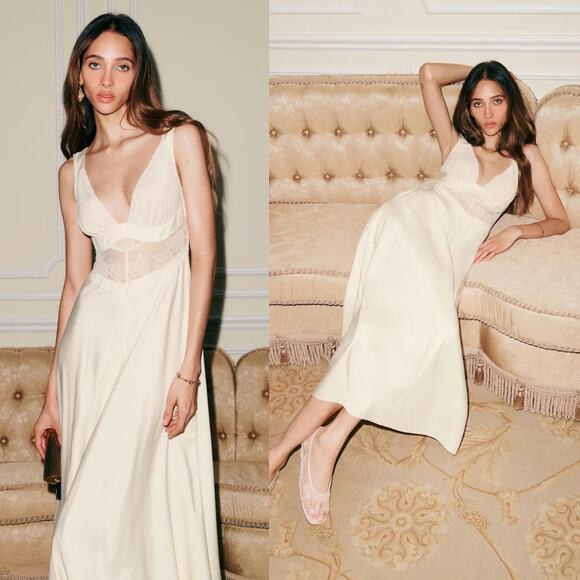Reformation Dresses & Skirts - NWT Reformation Silk Spruce Dress SOLD OUT $580 White Wedding Lace Plunge Neck